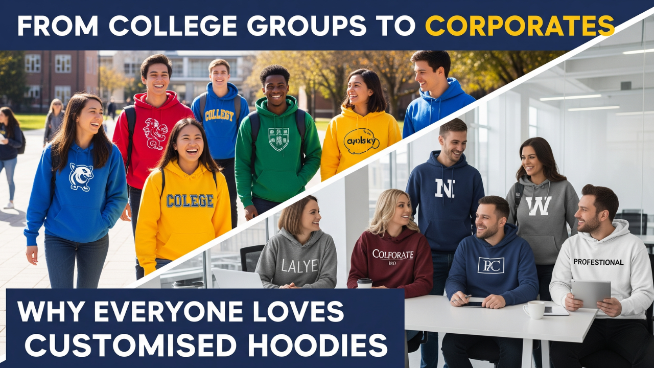 College students and corporate professionals wearing customised hoodies, showcasing how personalised hoodies are popular from campus groups to office teams.